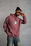 Erkek 3 İplik Pamuklu Kapüşonlu Baskılı Cepli Sweatshirt Hoodie - Gül Kurusu