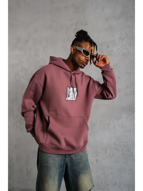 Erkek 3 İplik Pamuklu Kapüşonlu Baskılı Cepli Sweatshirt Hoodie - Gül Kurusu