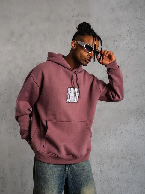 Erkek 3 İplik Pamuklu Kapüşonlu Baskılı Cepli Sweatshirt Hoodie - Gül Kurusu