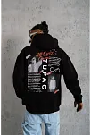 Erkek 3 İplik Pamuklu Kapüşonlu Baskılı Cepli Oversize Sweatshirt Hoodie - Siyah