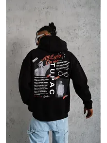 Erkek 3 İplik Pamuklu Kapüşonlu Baskılı Cepli Oversize Sweatshirt Hoodie - Siyah