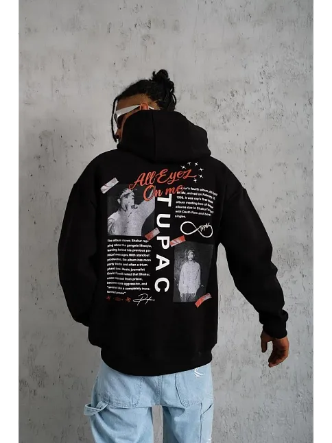Erkek 3 İplik Pamuklu Kapüşonlu Baskılı Cepli Oversize Sweatshirt Hoodie - Siyah