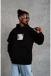 Erkek 3 İplik Pamuklu Kapüşonlu Baskılı Cepli Oversize Sweatshirt Hoodie - Siyah