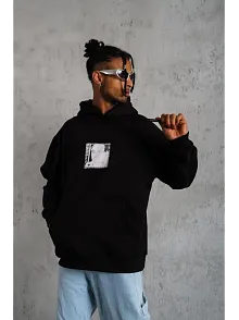 Erkek 3 İplik Pamuklu Kapüşonlu Baskılı Cepli Oversize Sweatshirt Hoodie - Siyah