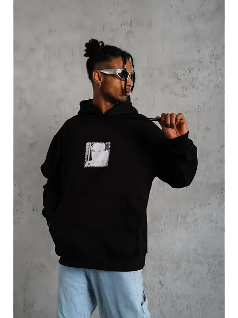 Erkek 3 İplik Pamuklu Kapüşonlu Baskılı Cepli Oversize Sweatshirt Hoodie - Siyah