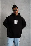 Erkek 3 İplik Pamuklu Kapüşonlu Baskılı Cepli Oversize Sweatshirt Hoodie - Siyah