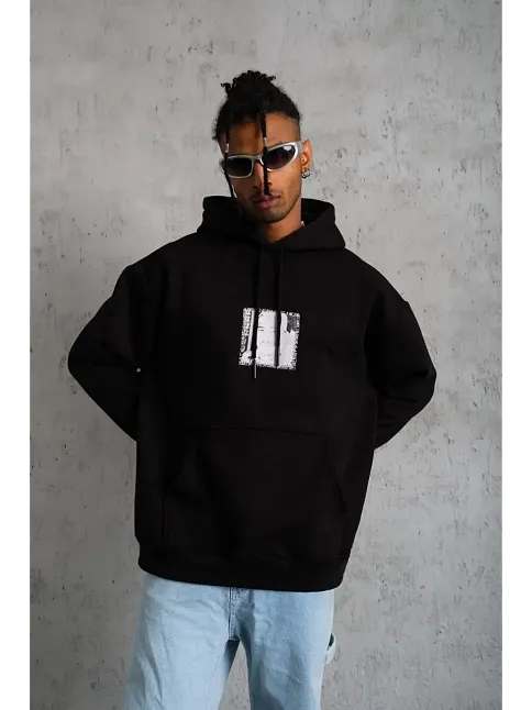 Erkek 3 İplik Pamuklu Kapüşonlu Baskılı Cepli Oversize Sweatshirt Hoodie - Siyah