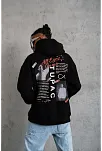 Erkek 3 İplik Pamuklu Kapüşonlu Baskılı Cepli Oversize Sweatshirt Hoodie - Siyah