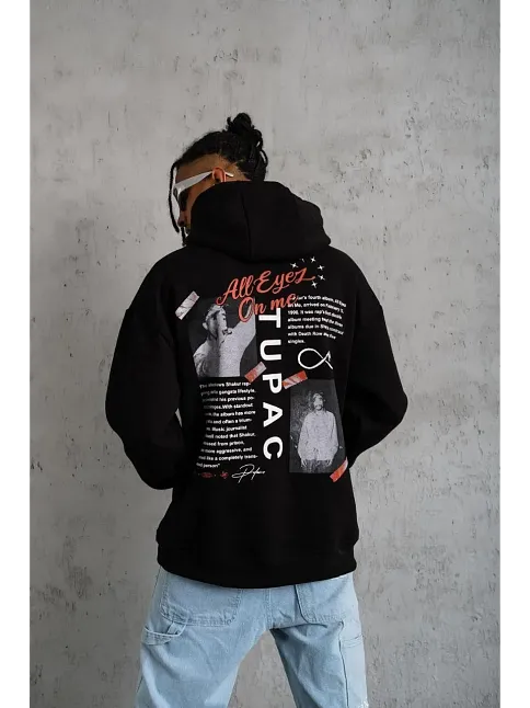 Erkek 3 İplik Pamuklu Kapüşonlu Baskılı Cepli Oversize Sweatshirt Hoodie - Siyah