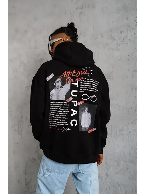 Erkek 3 İplik Pamuklu Kapüşonlu Baskılı Cepli Oversize Sweatshirt Hoodie - Siyah