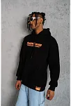 Erkek 3 İplik Pamuklu Kapüşonlu Baskılı Cepli Oversize Sweatshirt Hoodie - Siyah