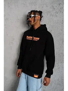 Erkek 3 İplik Pamuklu Kapüşonlu Baskılı Cepli Oversize Sweatshirt Hoodie - Siyah
