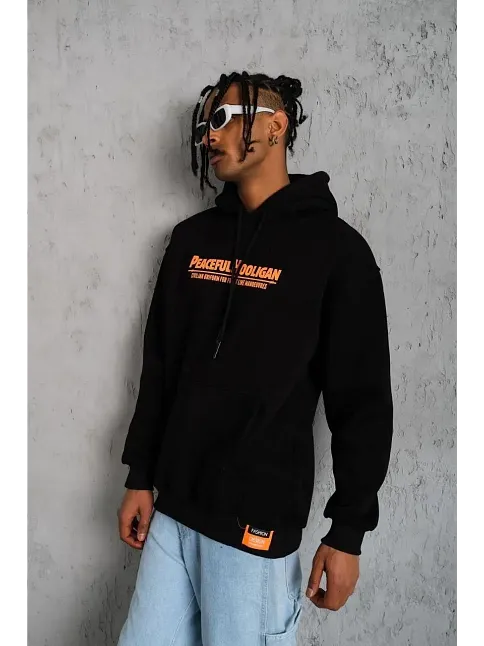 Erkek 3 İplik Pamuklu Kapüşonlu Baskılı Cepli Oversize Sweatshirt Hoodie - Siyah