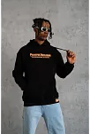 Erkek 3 İplik Pamuklu Kapüşonlu Baskılı Cepli Oversize Sweatshirt Hoodie - Siyah