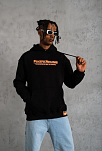 Erkek 3 İplik Pamuklu Kapüşonlu Baskılı Cepli Oversize Sweatshirt Hoodie - Siyah