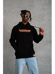 Erkek 3 İplik Pamuklu Kapüşonlu Baskılı Cepli Oversize Sweatshirt Hoodie - Siyah