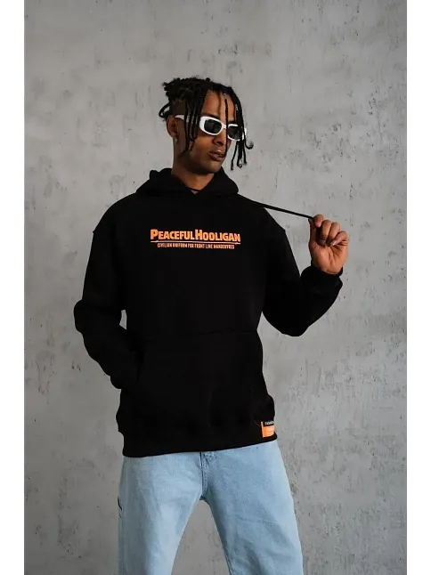 Erkek 3 İplik Pamuklu Kapüşonlu Baskılı Cepli Oversize Sweatshirt Hoodie - Siyah