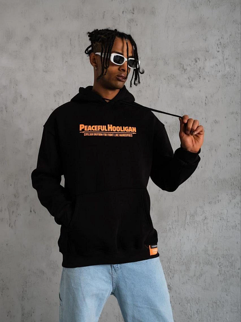 Erkek 3 İplik Pamuklu Kapüşonlu Baskılı Cepli Oversize Sweatshirt Hoodie - Siyah