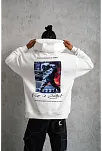 Erkek 3 İplik Pamuklu Kapüşonlu Baskılı Cepli Oversize Sweatshirt Hoodie - Beyaz