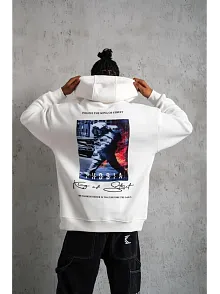 Erkek 3 İplik Pamuklu Kapüşonlu Baskılı Cepli Oversize Sweatshirt Hoodie - Beyaz
