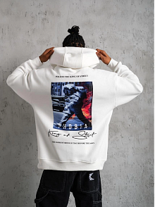 Erkek 3 İplik Pamuklu Kapüşonlu Baskılı Cepli Oversize Sweatshirt Hoodie - Beyaz