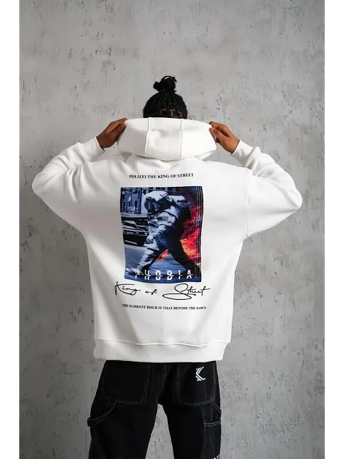 Erkek 3 İplik Pamuklu Kapüşonlu Baskılı Cepli Oversize Sweatshirt Hoodie - Beyaz