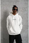 Erkek 3 İplik Pamuklu Kapüşonlu Baskılı Cepli Oversize Sweatshirt Hoodie - Beyaz