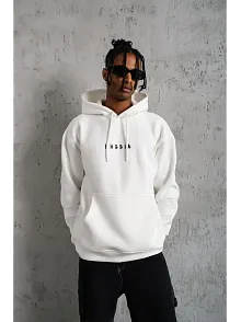 Erkek 3 İplik Pamuklu Kapüşonlu Baskılı Cepli Oversize Sweatshirt Hoodie - Beyaz