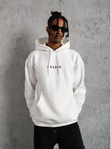 Erkek 3 İplik Pamuklu Kapüşonlu Baskılı Cepli Oversize Sweatshirt Hoodie - Beyaz