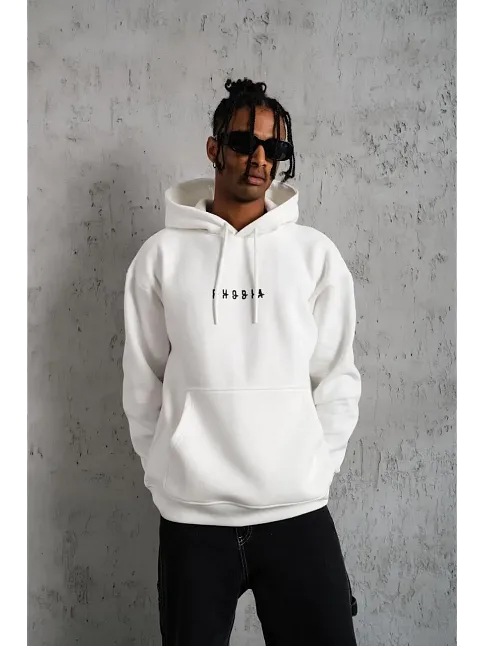 Erkek 3 İplik Pamuklu Kapüşonlu Baskılı Cepli Oversize Sweatshirt Hoodie - Beyaz