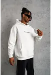 Erkek 3 İplik Pamuklu Kapüşonlu Baskılı Cepli Oversize Sweatshirt Hoodie - Beyaz