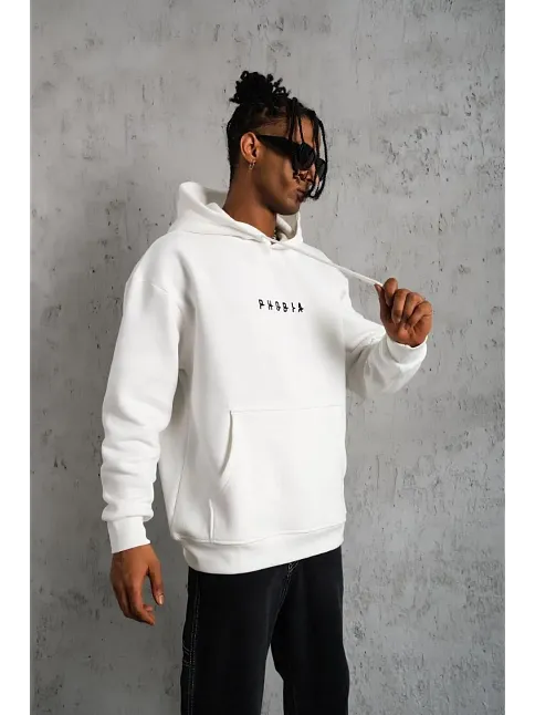 Erkek 3 İplik Pamuklu Kapüşonlu Baskılı Cepli Oversize Sweatshirt Hoodie - Beyaz