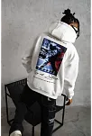 Erkek 3 İplik Pamuklu Kapüşonlu Baskılı Cepli Oversize Sweatshirt Hoodie - Beyaz