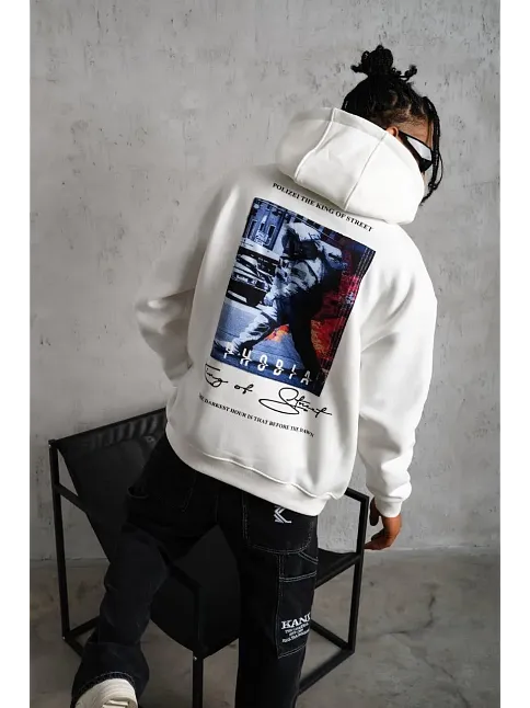 Erkek 3 İplik Pamuklu Kapüşonlu Baskılı Cepli Oversize Sweatshirt Hoodie - Beyaz