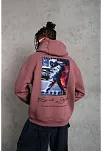 Erkek 3 İplik Pamuklu Kapüşonlu Baskılı Cepli Oversize Sweatshirt Hoodie - Gül Kurusu