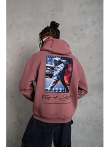 Erkek 3 İplik Pamuklu Kapüşonlu Baskılı Cepli Oversize Sweatshirt Hoodie - Gül Kurusu