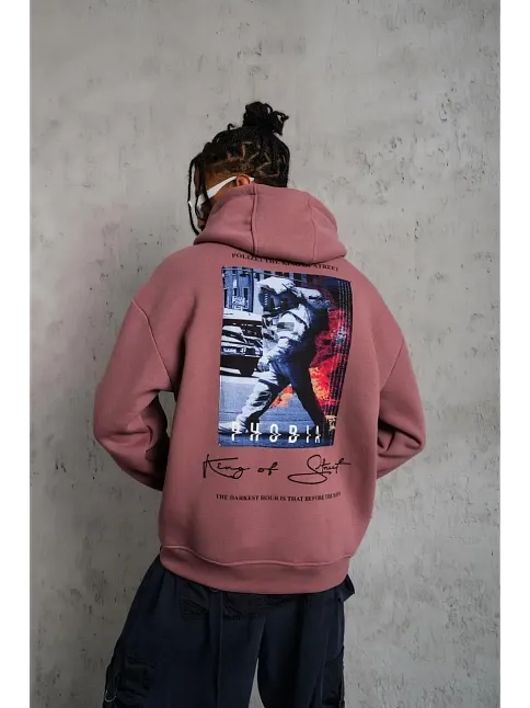Erkek 3 İplik Pamuklu Kapüşonlu Baskılı Cepli Oversize Sweatshirt Hoodie - Gül Kurusu
