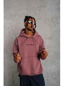 Erkek 3 İplik Pamuklu Kapüşonlu Baskılı Cepli Oversize Sweatshirt Hoodie - Gül Kurusu
