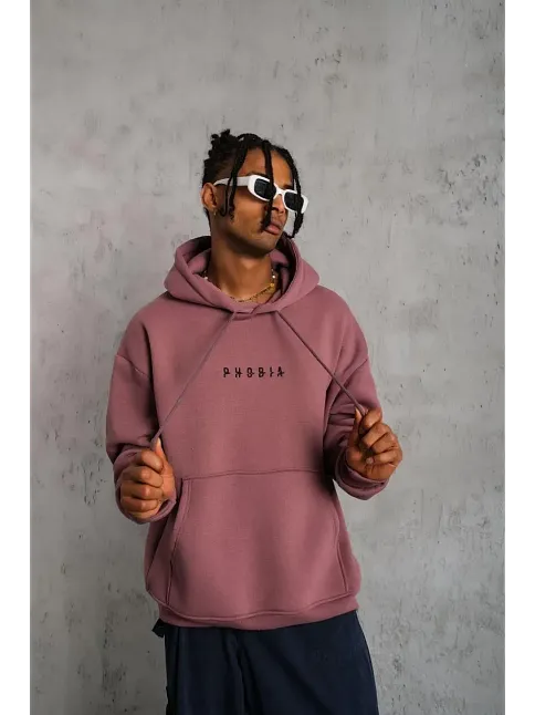 Erkek 3 İplik Pamuklu Kapüşonlu Baskılı Cepli Oversize Sweatshirt Hoodie - Gül Kurusu