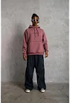 Erkek 3 İplik Pamuklu Kapüşonlu Baskılı Cepli Oversize Sweatshirt Hoodie - Gül Kurusu