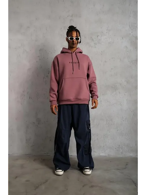 Erkek 3 İplik Pamuklu Kapüşonlu Baskılı Cepli Oversize Sweatshirt Hoodie - Gül Kurusu