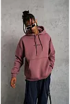 Erkek 3 İplik Pamuklu Kapüşonlu Baskılı Cepli Oversize Sweatshirt Hoodie - Gül Kurusu