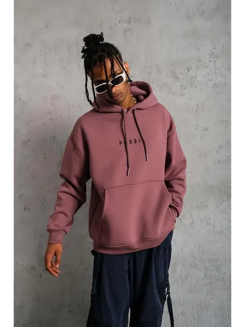 Erkek 3 İplik Pamuklu Kapüşonlu Baskılı Cepli Oversize Sweatshirt Hoodie - Gül Kurusu