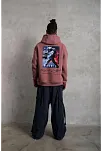 Erkek 3 İplik Pamuklu Kapüşonlu Baskılı Cepli Oversize Sweatshirt Hoodie - Gül Kurusu