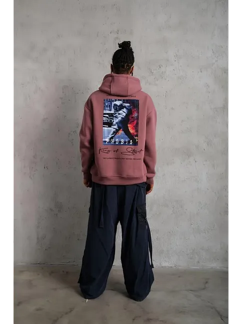 Erkek 3 İplik Pamuklu Kapüşonlu Baskılı Cepli Oversize Sweatshirt Hoodie - Gül Kurusu