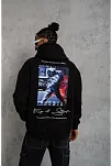 Erkek 3 İplik Pamuklu Kapüşonlu Baskılı Cepli Oversize Sweatshirt Hoodie - Siyah