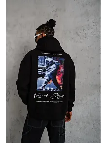Erkek 3 İplik Pamuklu Kapüşonlu Baskılı Cepli Oversize Sweatshirt Hoodie - Siyah