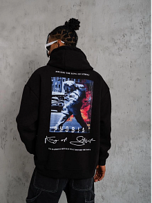 Erkek 3 İplik Pamuklu Kapüşonlu Baskılı Cepli Oversize Sweatshirt Hoodie - Siyah