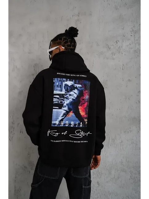 Erkek 3 İplik Pamuklu Kapüşonlu Baskılı Cepli Oversize Sweatshirt Hoodie - Siyah