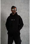 Erkek 3 İplik Pamuklu Kapüşonlu Baskılı Cepli Oversize Sweatshirt Hoodie - Siyah